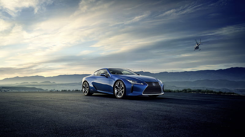 Lexus LC500h 2017 cars, supercars, helicopter, blue lexus, HD wallpaper