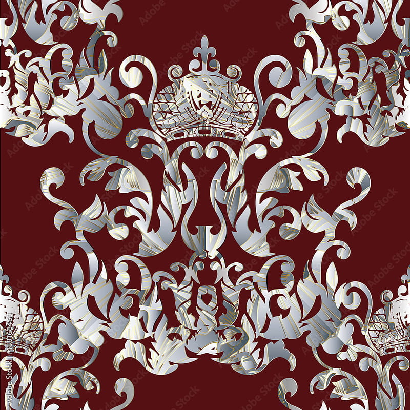 Baroque royal seamless pattern. Dark red vector damask background with antique textured baroque flowers, king crown, scroll leaves, patterned ornaments. Floral surface design for , fabric. Stock Vector. Adobe Stock, Red and Black Damask, HD phone wallpaper