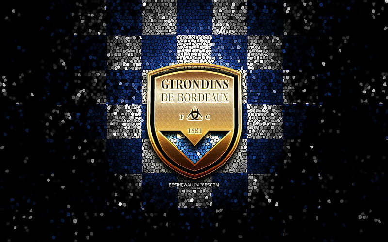 FC Girondins de Bordeaux, glitter logo, Ligue 1, blue white checkered background, soccer, Girondins de Bordeaux, french football club, Girondins de Bordeaux logo, mosaic art, football, France, HD wallpaper