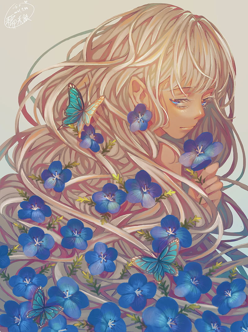 girl, violets, petals, butterfly, anime, HD phone wallpaper