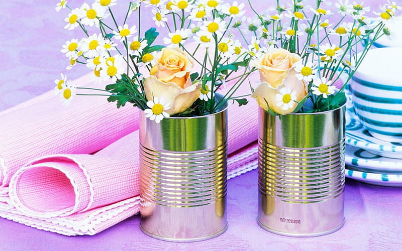 Posies in Tin Cans, posies, flowers, tin, cans, HD wallpaper
