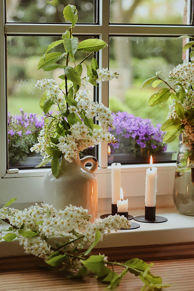 flowers, vases, candles, window, light, HD phone wallpaper
