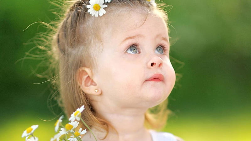 Grey Eyes Cute Little Girl Is Looking Up In Blur Green Background Cute, HD wallpaper