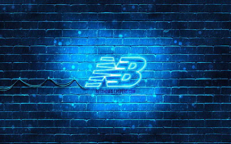 New Balance blue logo blue brickwall, New Balance logo, brands, New Balance neon logo, New Balance, HD wallpaper