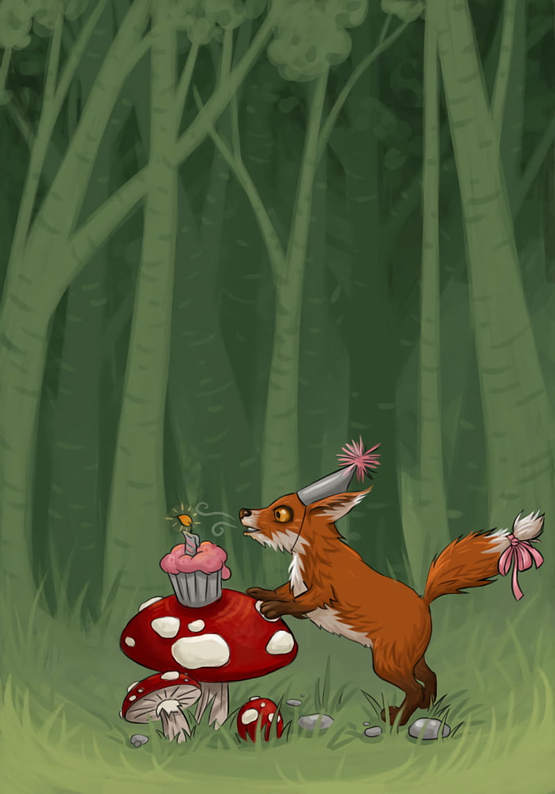 fox, mushrooms, cupcake, birtay, art, HD phone wallpaper