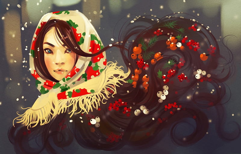Ready for Christmas, red, art, christmas, headkerchief, winter, mistletoe, girl, berry, painting, face, portrait, white, pictura, HD wallpaper