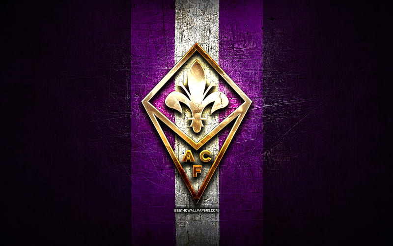 Fiorentina FC, golden logo, Serie A, violet metal background, football, ACF Fiorentina, italian football club, Fiorentina logo, soccer, Italy, HD wallpaper