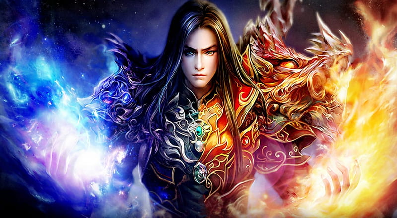 Fire and Ice, art, fire, sorcerer, ice, bonito, HD wallpaper
