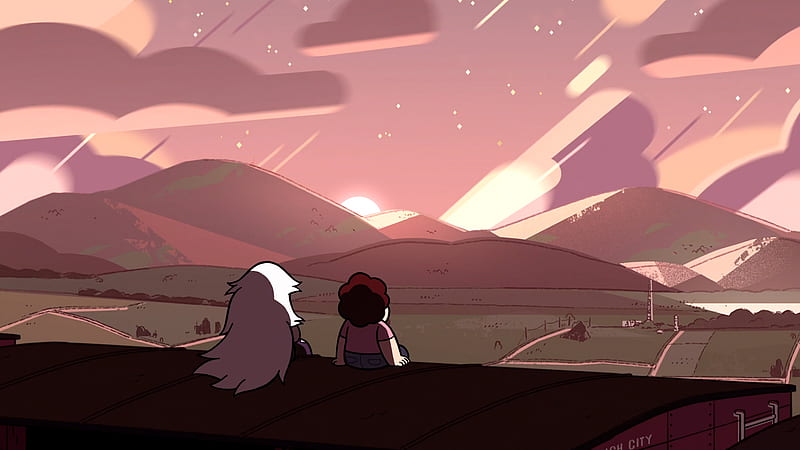 Steven Universe Amethyst Steven On Back View Sitting On Top Of Roof With Background Of Mountain And Pink Sunset With Clouds Movies, HD wallpaper