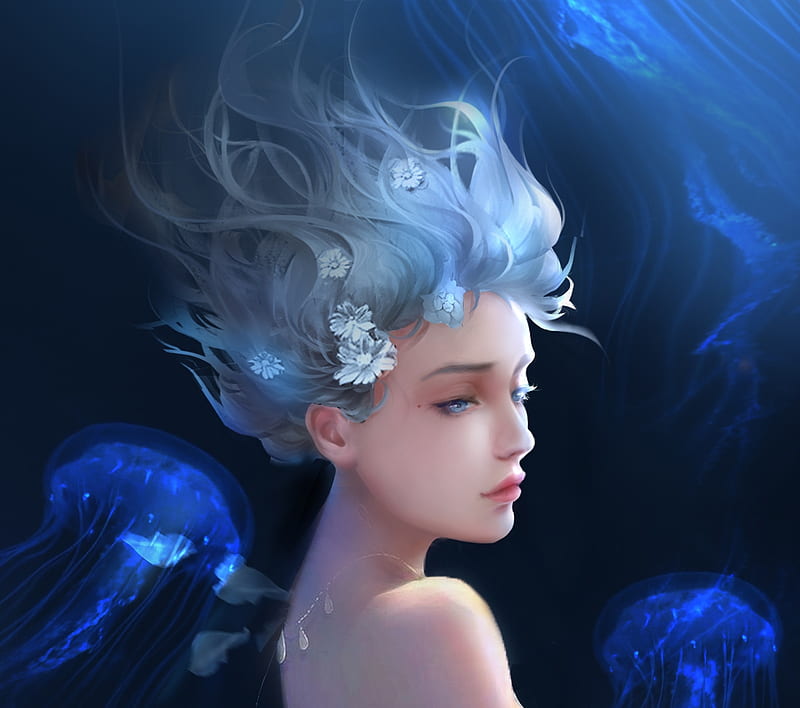 Mermaid, siren, jellyfish, blue, xiaotian dai, frumusete, medusa, luminos, fantasy, vara, summer, face, HD wallpaper
