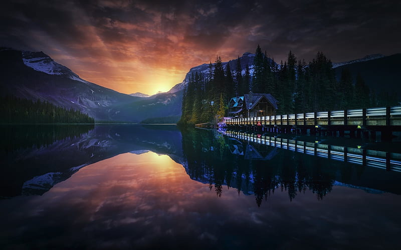 Emerald Lake, Sunrise, mountain lake, forest, Canada, HD wallpaper