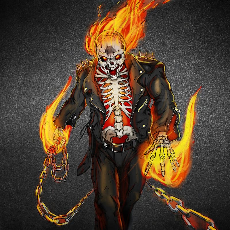 Fire, Ghost Rider, Painting, Skull, Leather, Chain, Skeleton, Comics, HD phone wallpaper