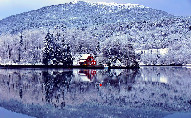 Winter Wonderland, hills, snow, cabin, trees, lake, HD wallpaper | Peakpx