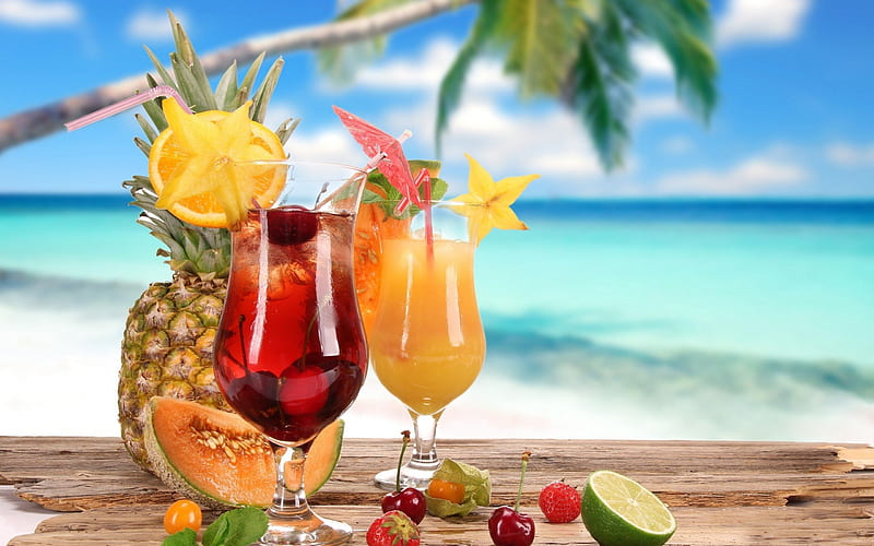 Cocktails, pineapple, cocktail, orange, fruits, glasses, bonito, abstract, lemon, sea, graphy, mango, beaches, strawberries, nature, cherry, HD wallpaper