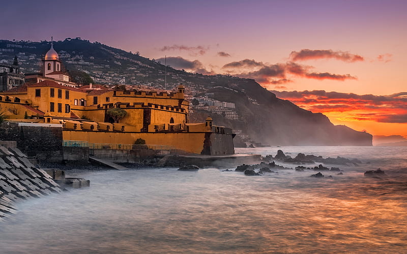 Madeira, evening, sunset, Atlantic Ocean, coast, cityscape, Portugal, HD wallpaper