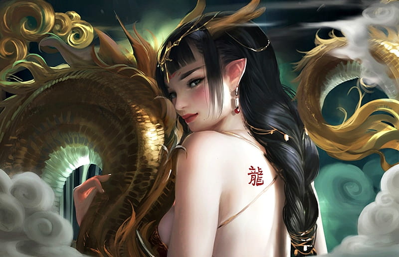 Chinese Zodiac Dragon, luminos, chinese zodiac, asain, yellow, sakimichan, dragon, horns, fantasy, girl, green, HD wallpaper