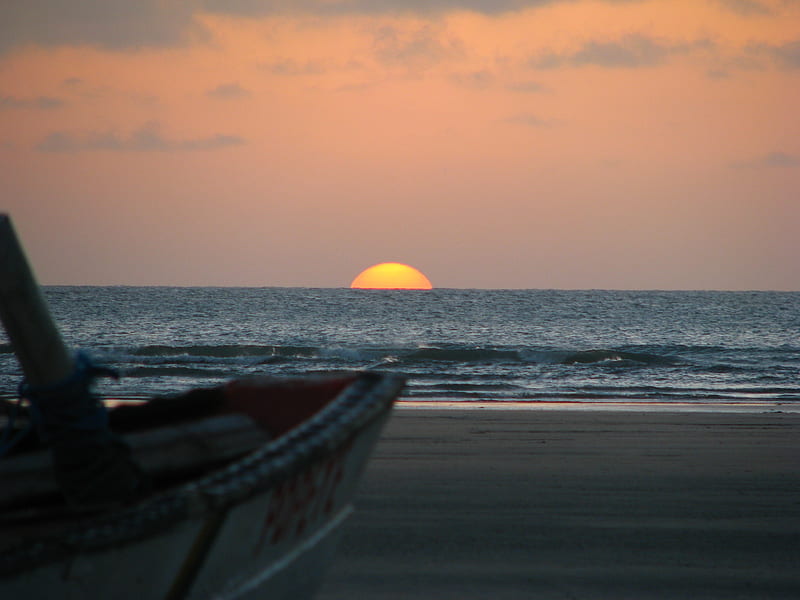 Sunset, horizon, boat, sun, landscape, , orange, beach, nature