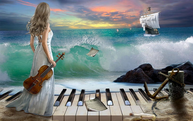 Sea Symphony, dreamy, violin, ocean, music, sunset, waves, woman, Fantasy, sea, piano, ship, HD wallpaper