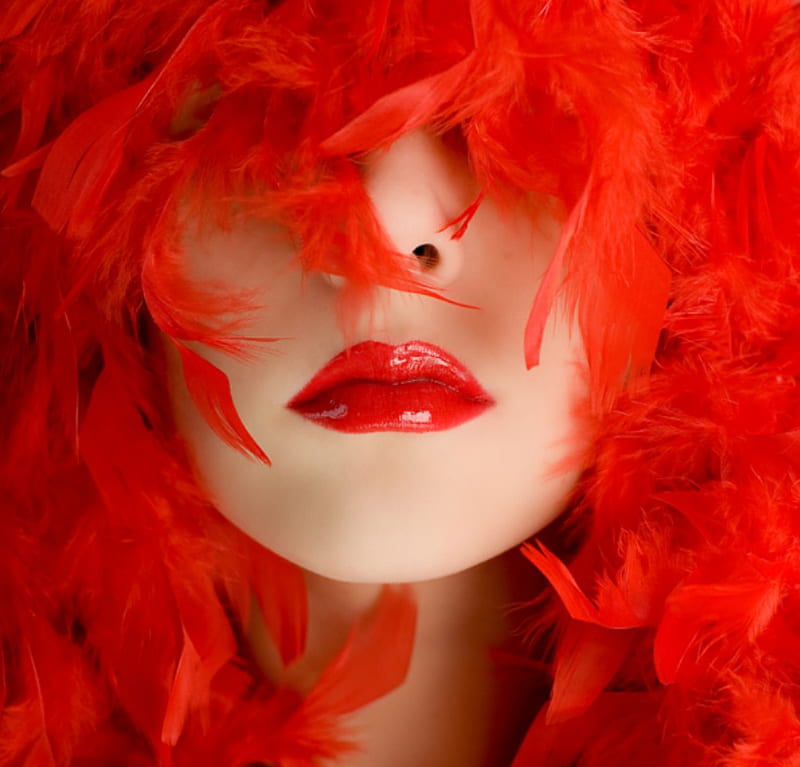 Red Feather, red, female, model, feather, boa, lips, HD wallpaper