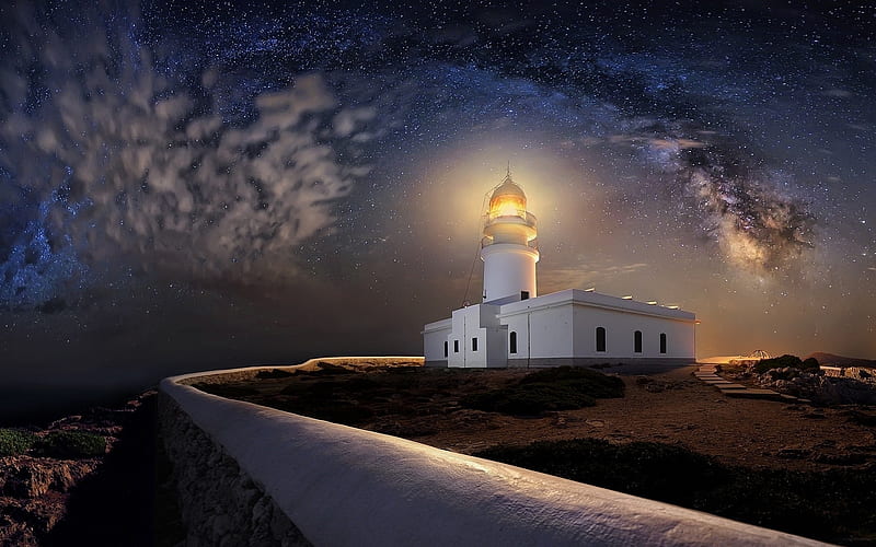 Lighthouse in Spain, island, Spain, sky, night, lighthouse, HD wallpaper