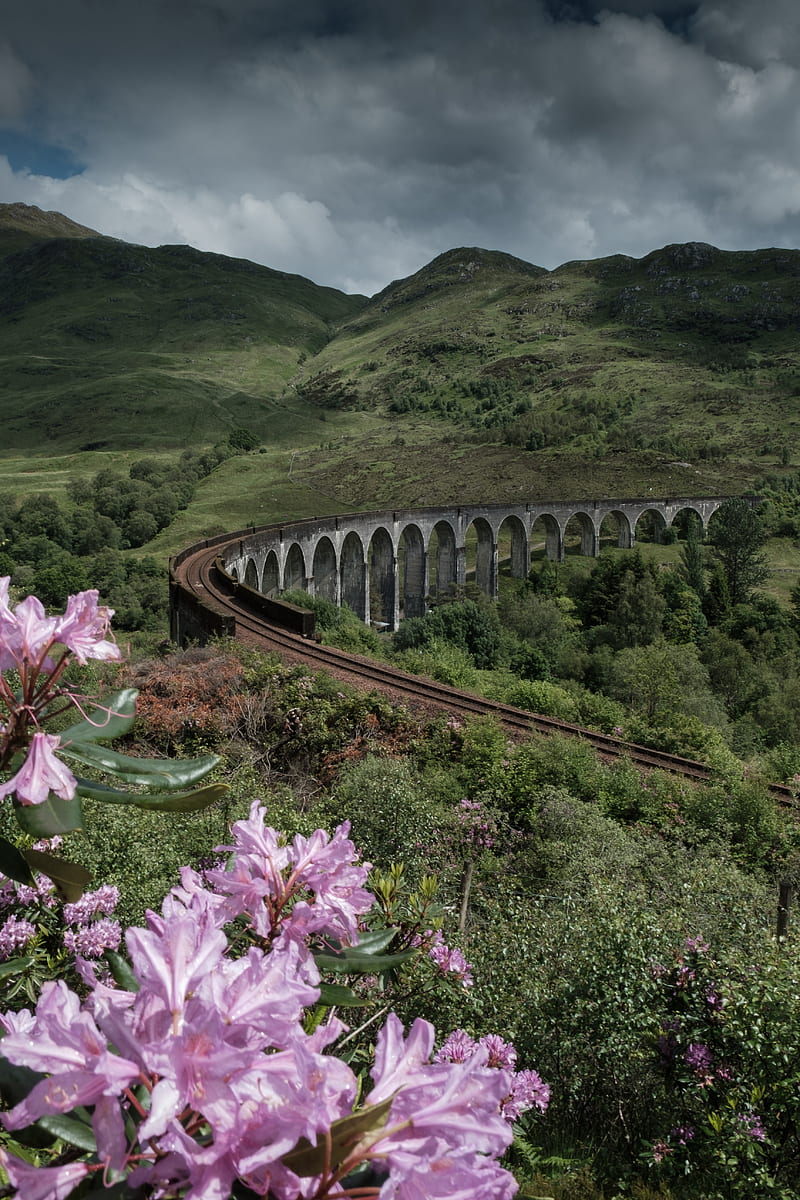 bridge, railway, mountains, hills, landscape, HD phone wallpaper