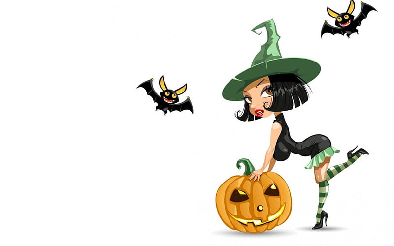 Witch, orange, halloween, woman, hat, card, girl, green, pumpkin, bat, child, white, HD wallpaper