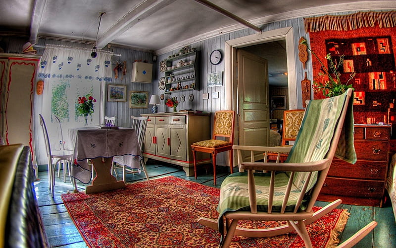 cottage interiors r, interior, r, cottage, rocking chair, HD wallpaper