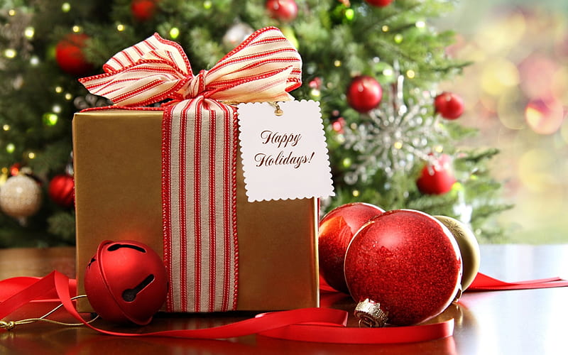 Happy holidays, bulb, present, greeting, christmas, HD wallpaper
