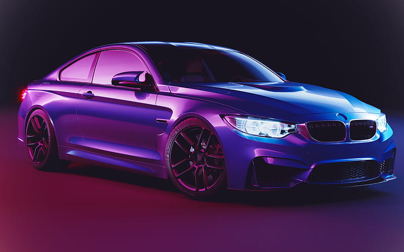 BMW M4 Coupe, F82, 2018, blue matte M4, neon light, tuning M4, German cars, BMW, HD wallpaper