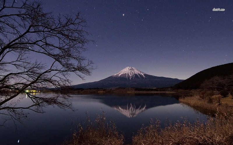 Tanuki Lake and Mt. Fuji, japanese, sky, lake, mountain, tanuki, japan, scenery, fuji, night, HD wallpaper