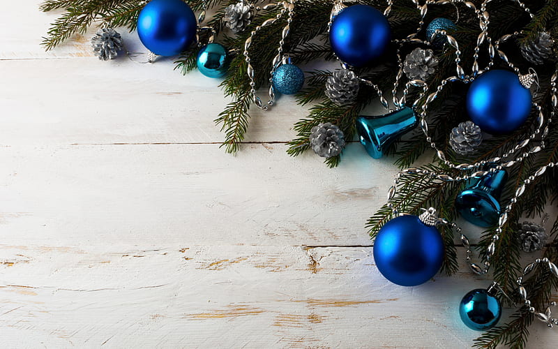 Blue christmas balls, Happy New Year, Christmas background, Blue Christmas bells, Christmas, white wood texture, HD wallpaper