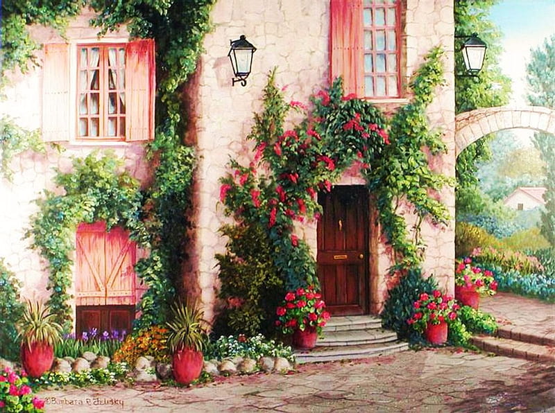 Flowerful Entrance, house, lamps, flowers, blossoms, stairs, wall, artwork, door, HD wallpaper
