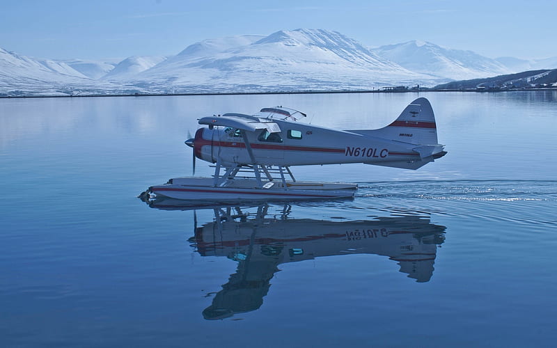 Seaplane, aircraft, mountains, blue, lake, HD wallpaper
