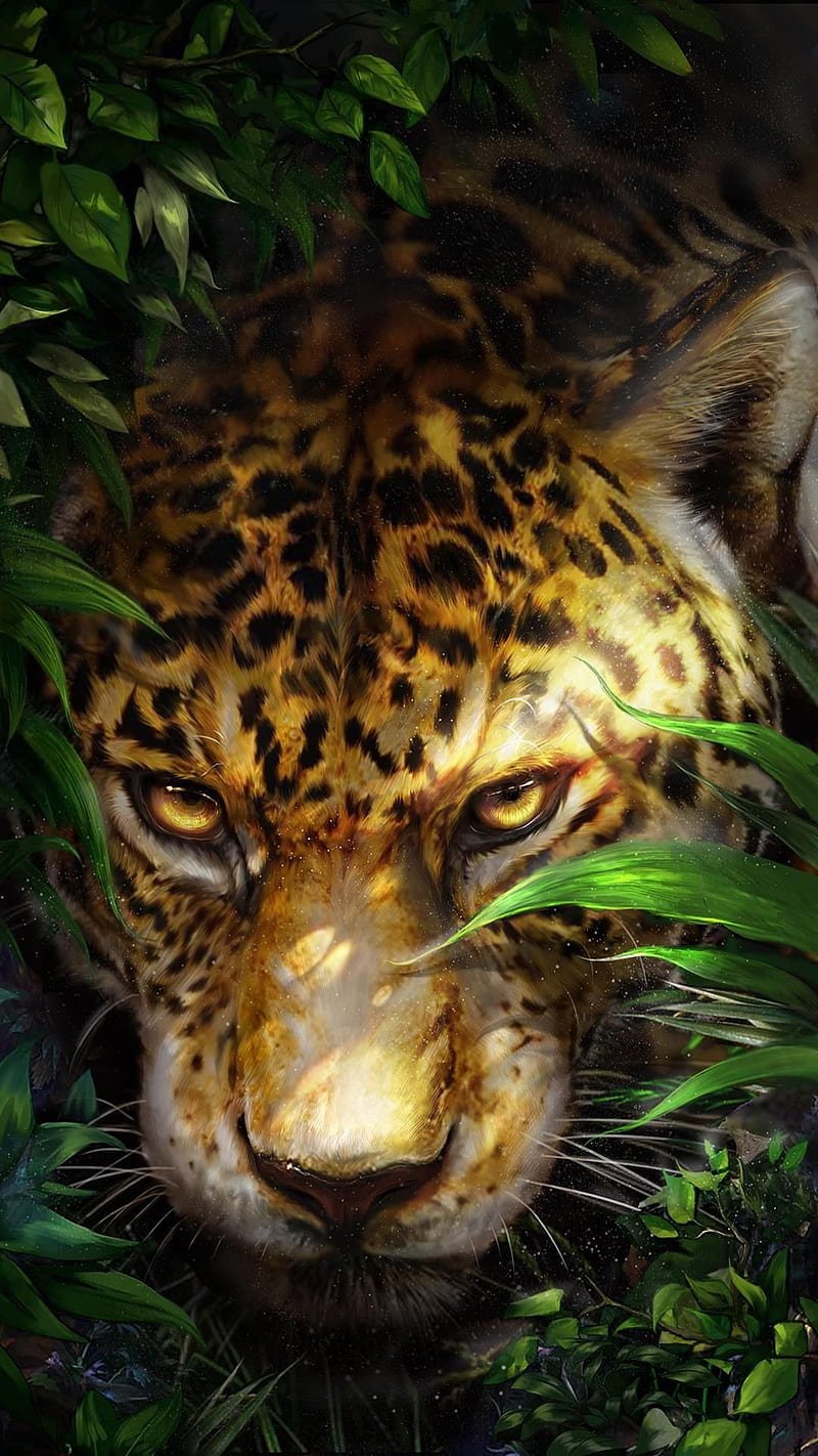 Leopard, animal, drawings, face, green leaves, leaves, nature, wild, HD  phone wallpaper | Peakpx
