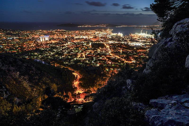 night city, city lights, aerial view, night, toulon, france, HD wallpaper
