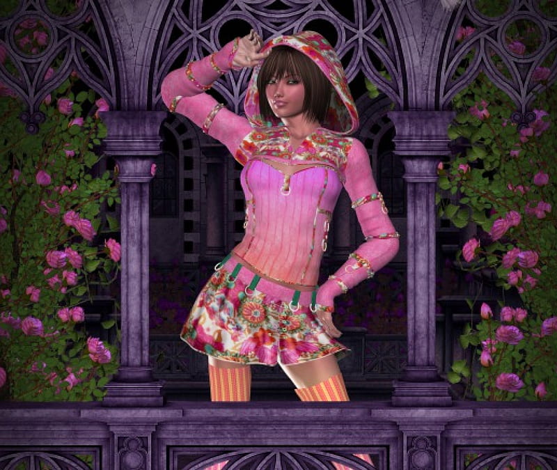 ~Pink Mitzie~, pretty, dress, digital art, sweet, hair, flowers, face ...
