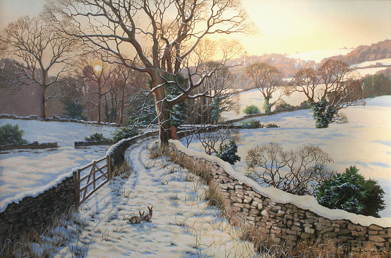 Winter Solitude, farm, stone, rabbits, fields, wall, winter, cold, HD wallpaper
