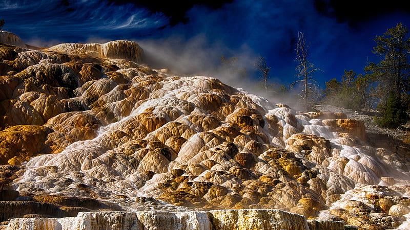 mammoth hot springs in yellowstone, mineral, stam, formation, hot, springs, sky, HD wallpaper