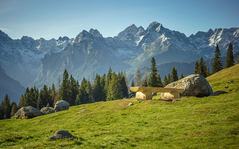 Tatry in Poland, mountains, rocks, Poalnd, grass, bench, trees, HD wallpaper