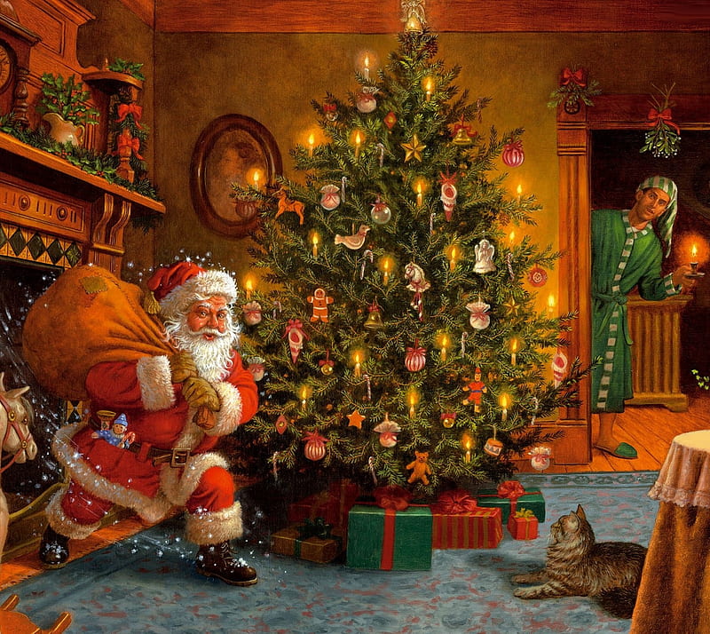 merry christmas, santa claus, tree xmas, xmasgift, HD wallpaper