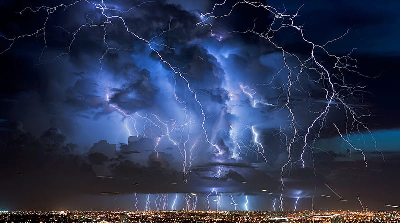 spectacular lightning strikes, city, lightning, clouds, storm, lights, night, HD wallpaper