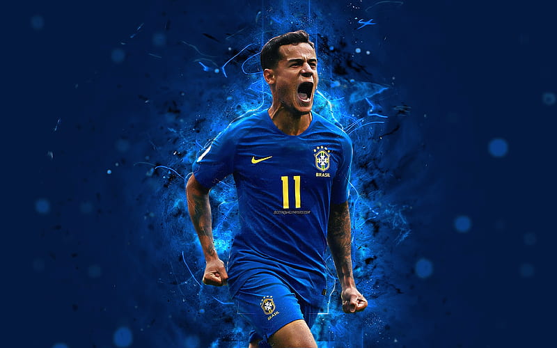 Philippe Coutinho, blue uniform, abstract art, Brazil National Team, fan art, Coutinho, soccer, footballers, neon lights, football stars, Brazilian football team, HD wallpaper