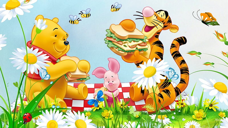 Winnie the Pooh Picnic, fiary tale, movie, grass, books, butterflies, picnic, bees, daisies, Tigger, sandwich, ladybug, summer, flowers, piglet, Winnie the Pooh, HD wallpaper
