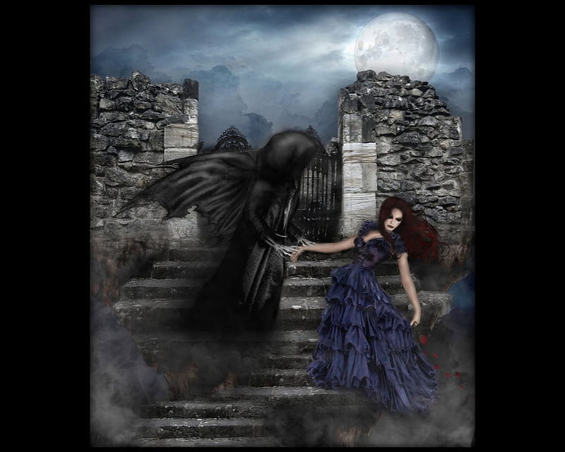 MY SWEET DARK ANGEL, gate, female, angel, sky, moon, gothic, dark, night, steps, HD wallpaper