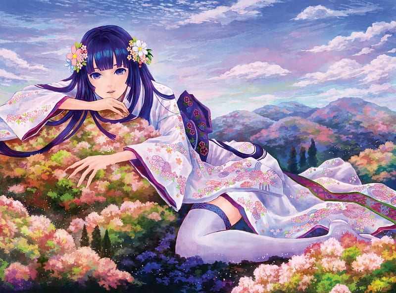 Goddess of spring, kemineko, manga, tree, girl, purple, anime, pink, blue, HD wallpaper