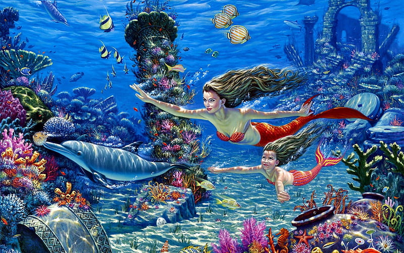 Delphine und Meerjungfrau, Fische, Meerjungfrau, Delfin, Deutschland, HD wallpaper