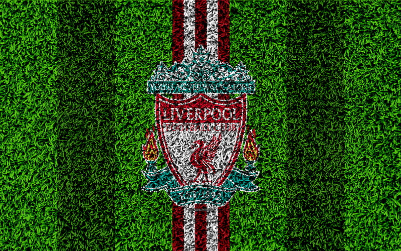 Liverpool FC football lawn, emblem, Merseyside, Liverpool logo, English football club, green grass texture, Premier League, Liverpool, England, United Kingdom, football, HD wallpaper