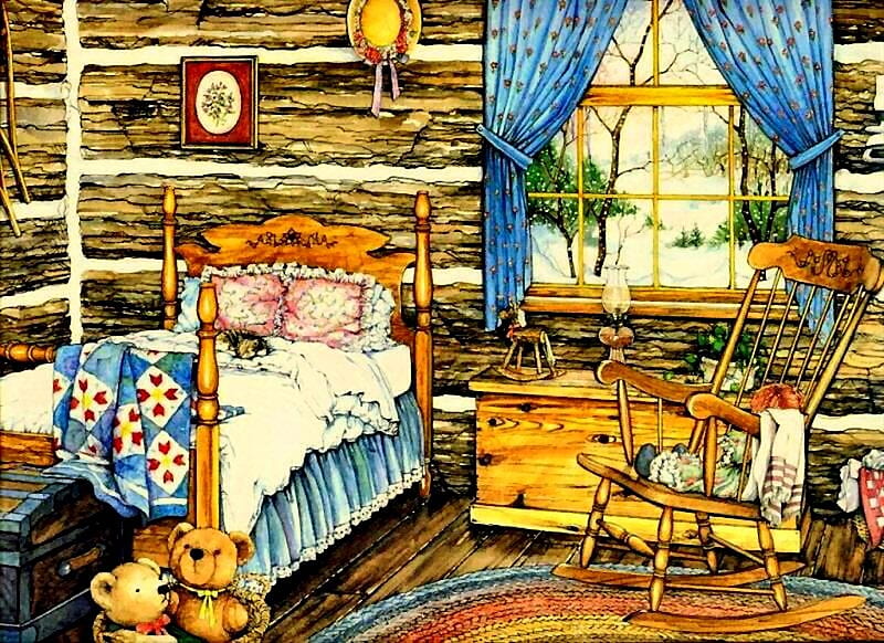 Retreat, window, snow, rocking chair, curtains, chair, cabin, area rug, bed, HD wallpaper