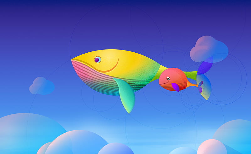 Flying Whales Ultra, Aero, Vector Art, Illustration, Colorful, Drawing, Childish, Cute, whales, HD wallpaper