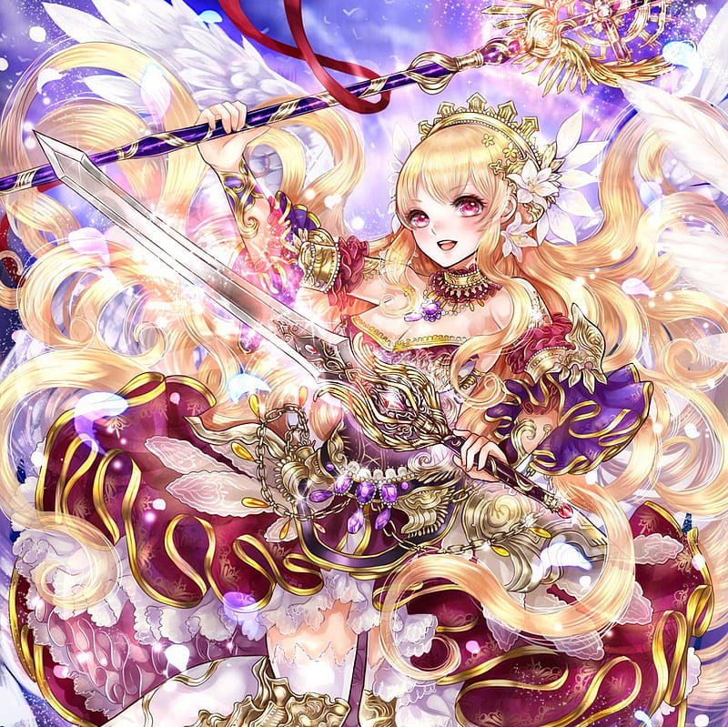 Goddess of Victory Nike, long ahir, pretty, blond, cg, beaurty, bonito, wing, floral, sweet, nice, anime, feather, beauty, anime girl, sword, female, wings, lovely, angel, blonde, blonde hair, blond hair, armor, girl, flower, HD wallpaper